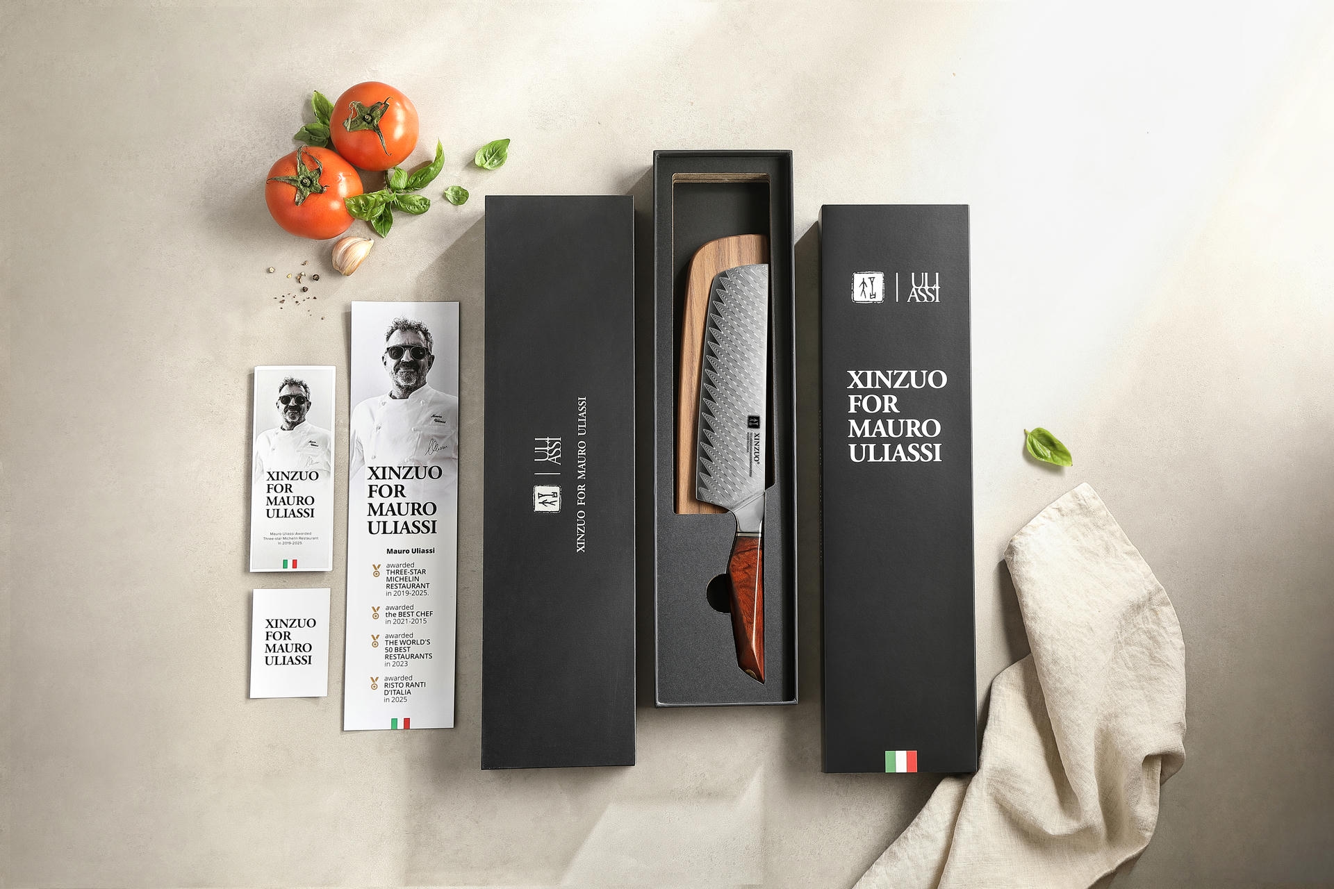 Nóż Nakiri XinZuo Xing X03 w opakowaniu prezentowym w duchu włoskiej elegancji