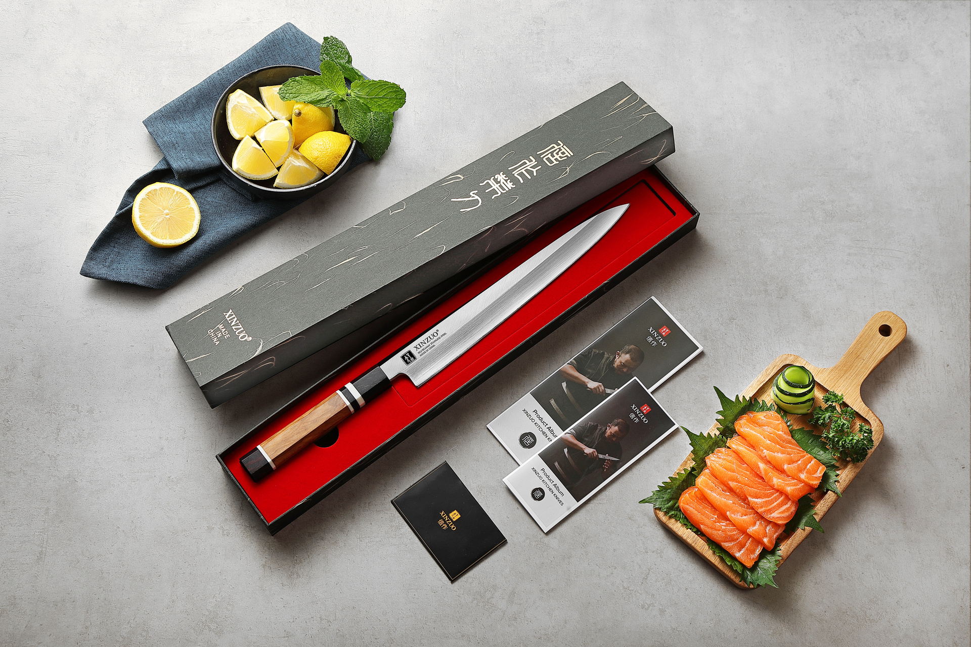 Nóż Sashimi XinZuo z serii F3S jest&nbsp;zapakowany do eleganckiego pudełka prezentowego