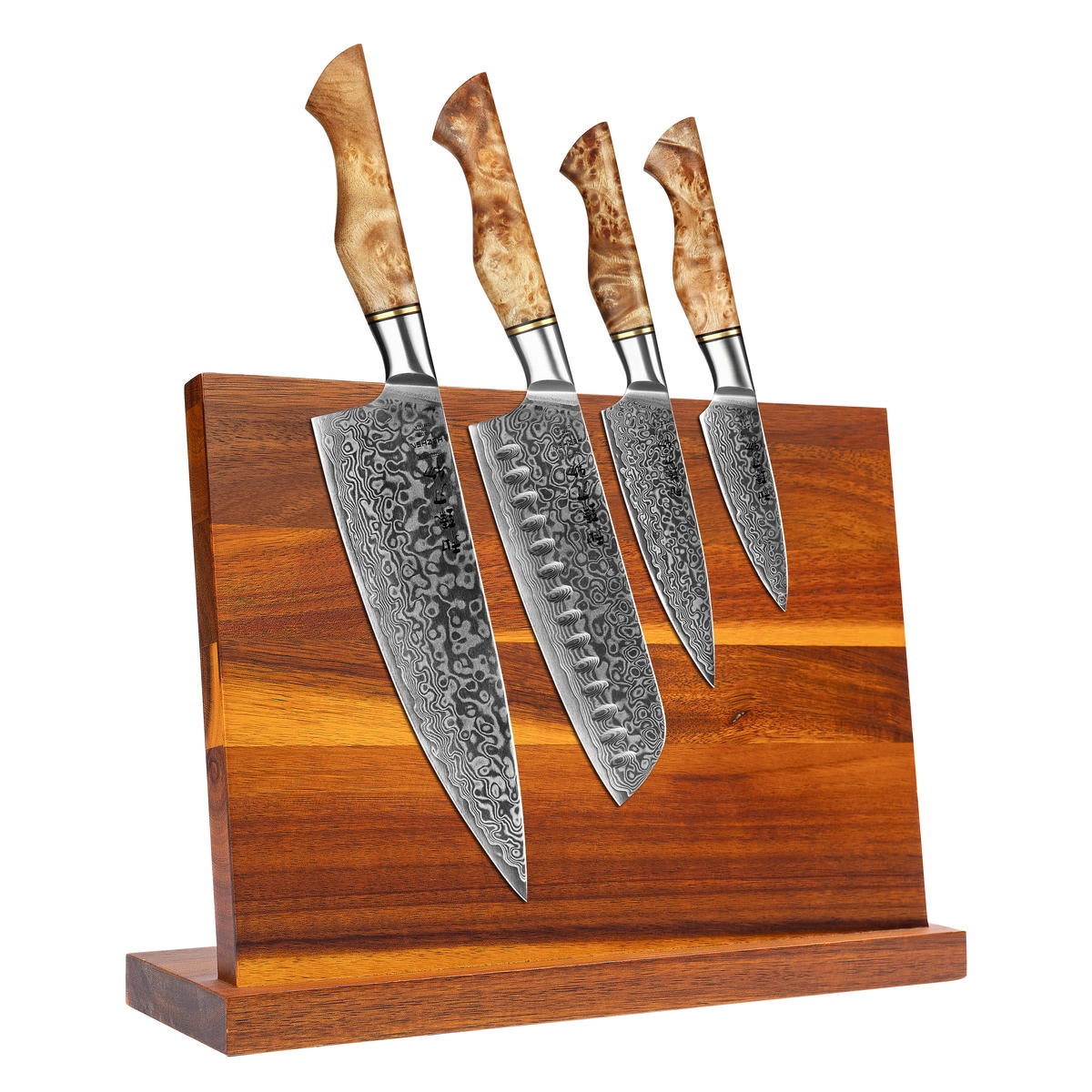 Zestaw 4 noży kuchennych HezHen Master B30 ze stali damasceńskiej z ergonomiczną, drewnianą rękojeścią.